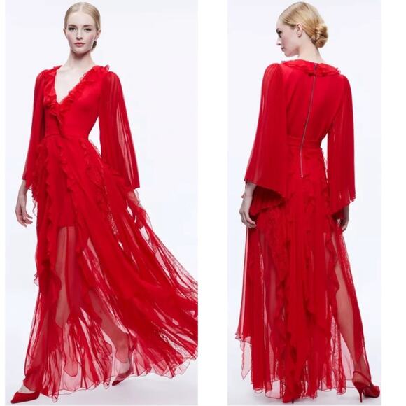 Alice+ Olivia Day Sunburst Red Pleated Sleeve Ruffle Tiered Maxi Dress Size 0 - Picture 3 of 16